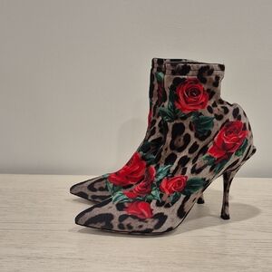 Dolce & Gabbana Leopard Heeled Boots with Red Roses